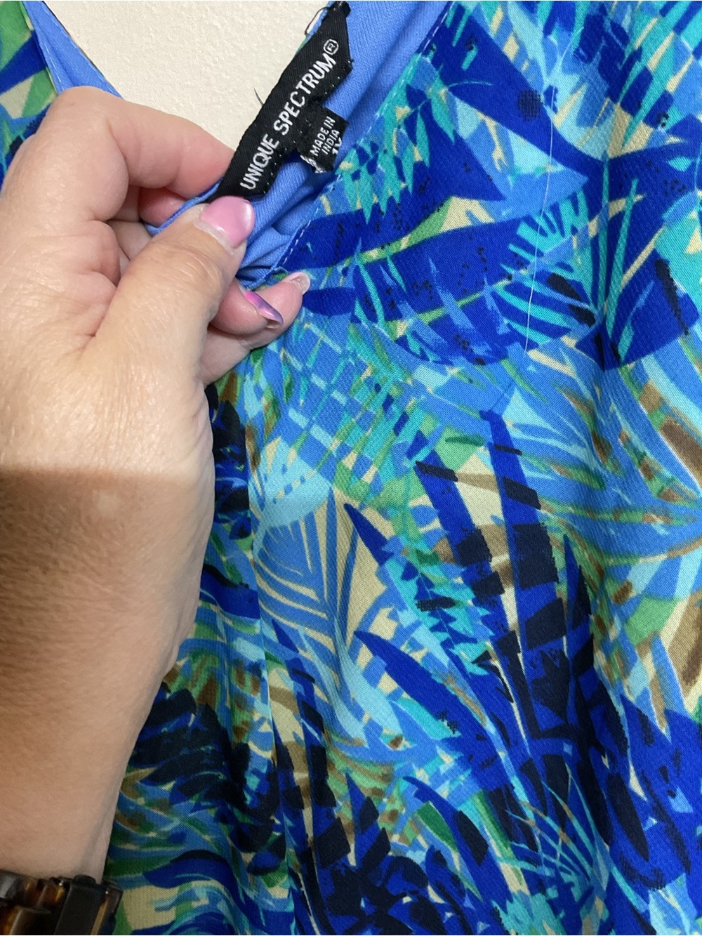 Unique Spectrum Blue and Green Tropical Leaf Dress - Picture 2 of 3
